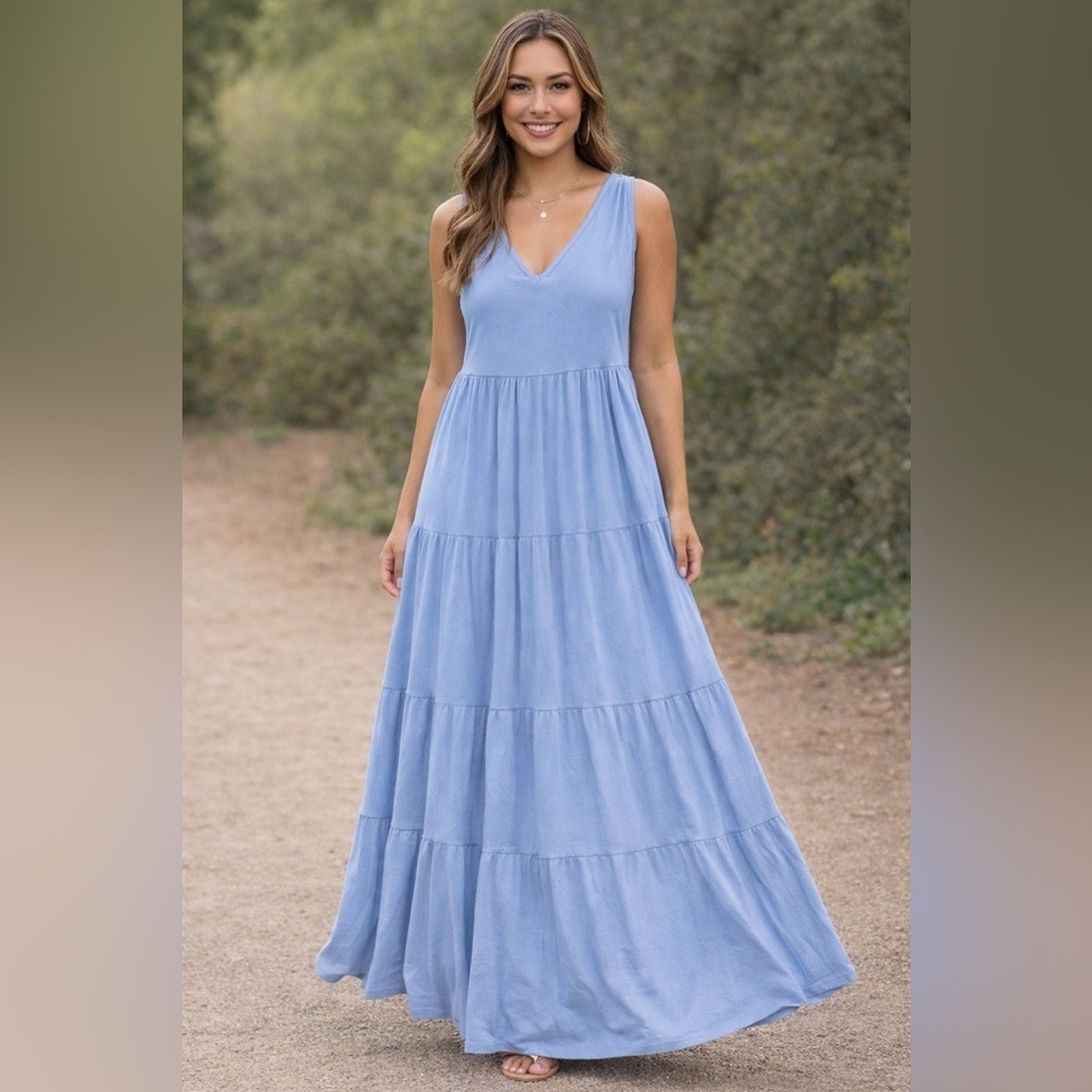 See You Monday Blue Ribbed Tiered Maxi Dress Medium Boho Flowy